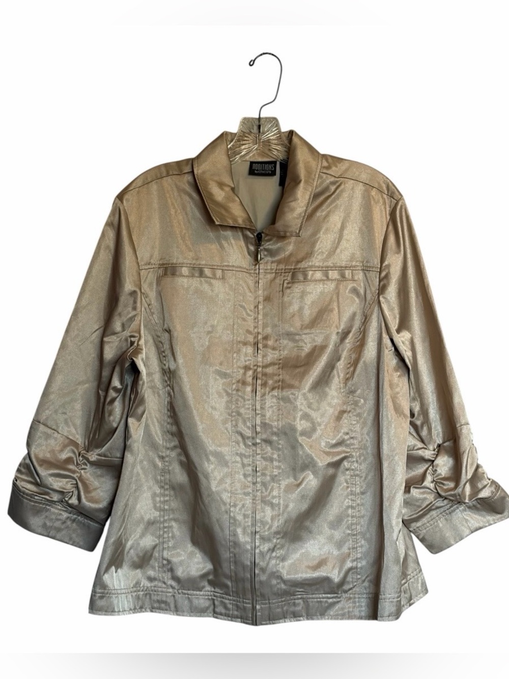 Chico’s Liquid Metallic Champagne Gold Ruched Sleeve Packable Jacket Y2K Vintage
